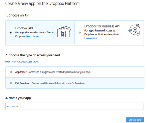 screenshot showing creation of a dropbox application